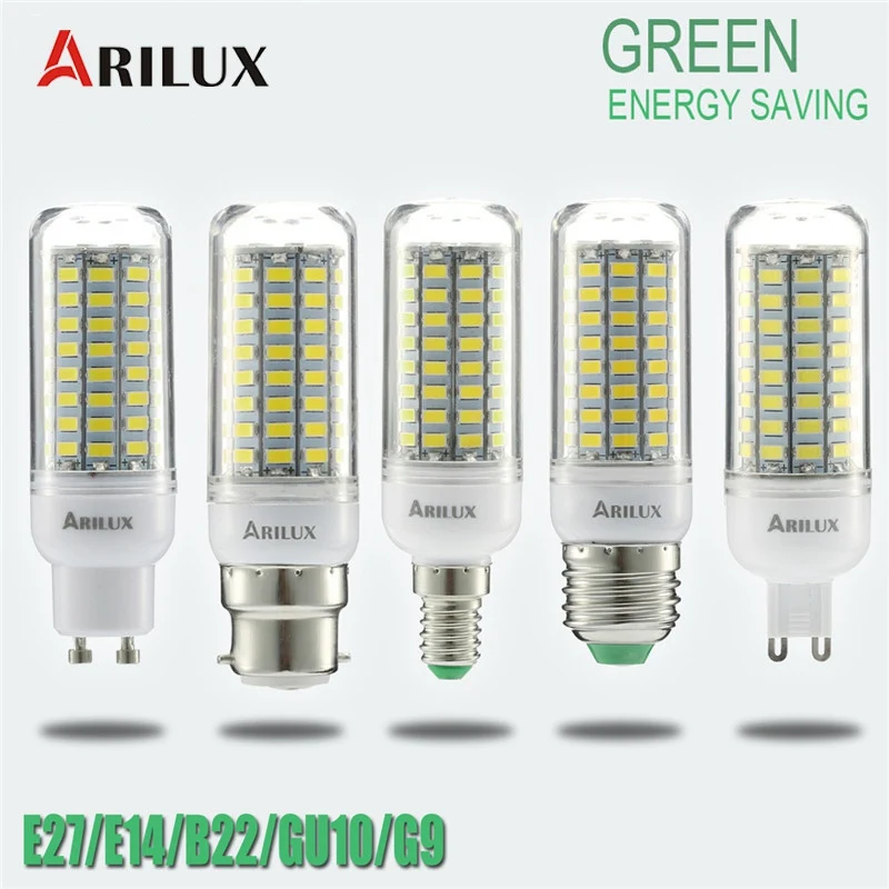 ARILUX встраиваемые тёплого/чистый светильник 89 светодиодный E27 E14 B22 GU10 G9 SMD5730 постоянный ток умная ИС(интеграционная схема кукурузы светодиодный светильник лампы AC220V 5 Вт