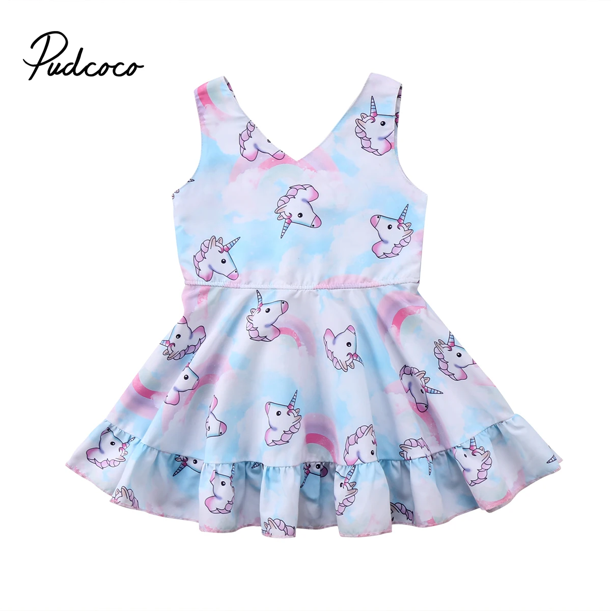 

NEW Kids Baby Girl Dress Cartoon Unicorn Sleeveless Dress Casual Party Dresses V-Neck Sundress 1-6T