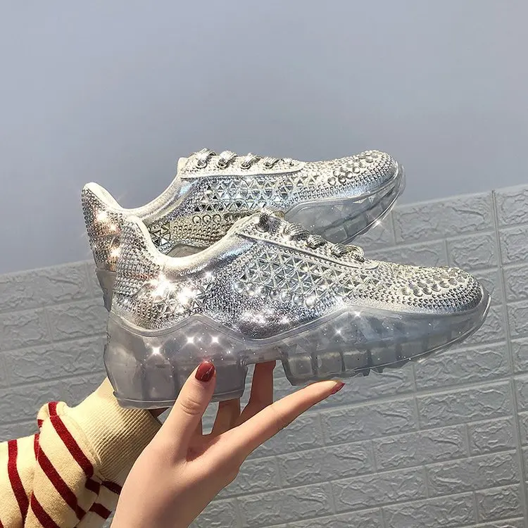 Повседневное обувь Bling Для женщин zapato de mujer с украшением в виде кристаллов, белые кроссовки на платформе без застежки; chaussures femme со стразами из натуральной кожи - Цвет: Серебристый