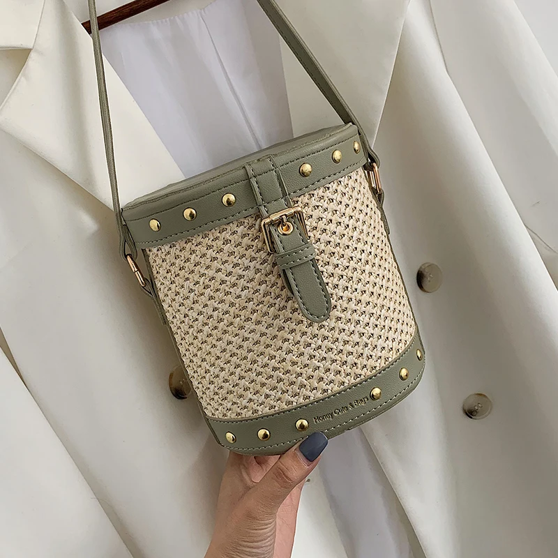 

Straw Bucket beach woven women bags summer Rivet small knit handbag 2019 shoulder crossbody messenger designer ladies brand bali