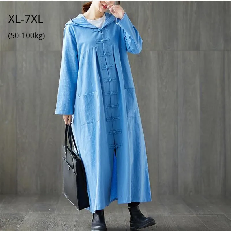 

Plus Size 7XL 6XL Long Sleeve Autumn Women Trench Coat Femail Vintage Chinese Style Cotton Linen Tops Femme Long Hooded Trench
