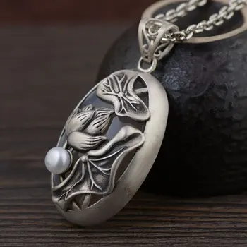 

FNJ 925 Silver Oval Pendant New Fashion Lotus Flower 100% Pure S925 Solid Thai Silver Pendants for Women Men Jewelry Making