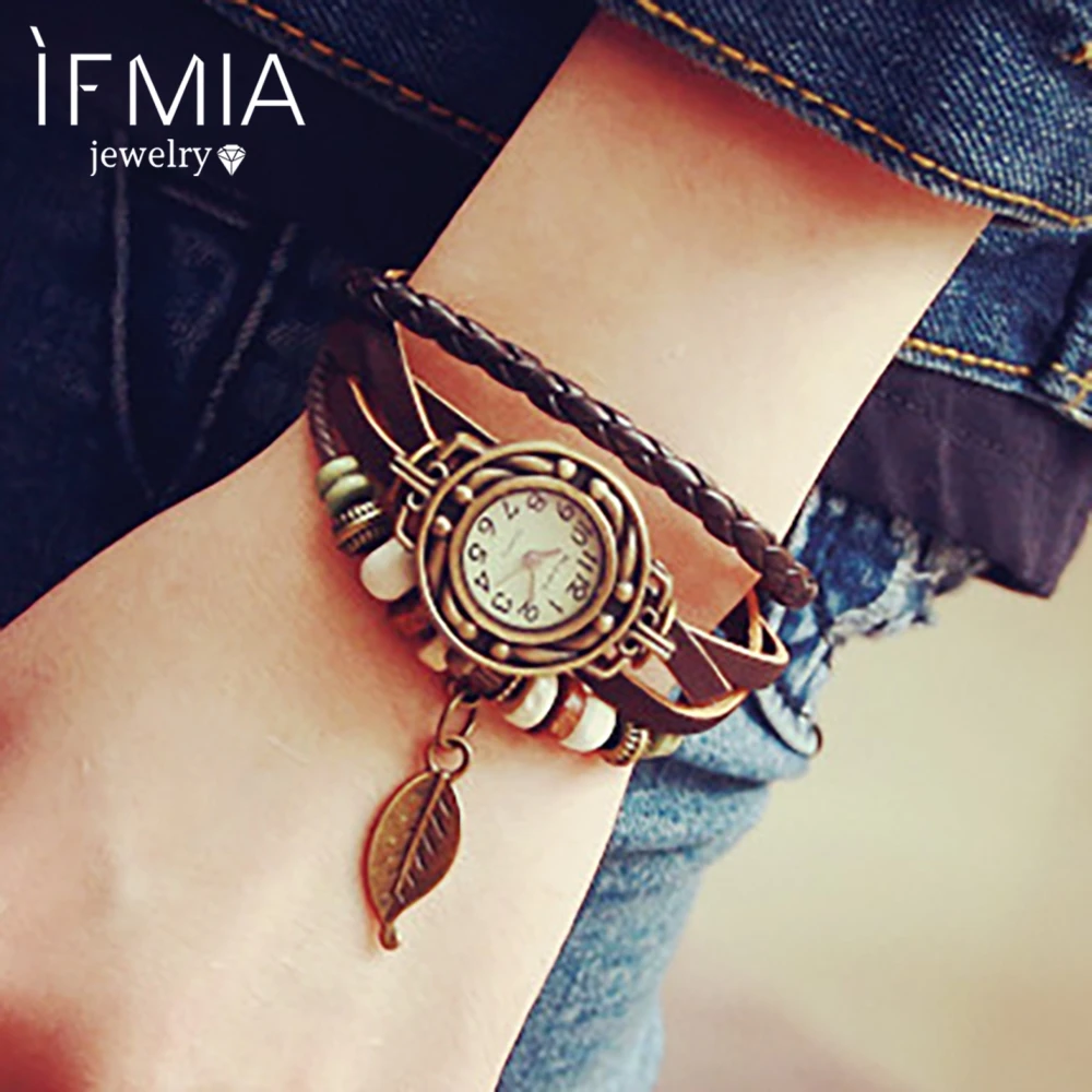 

IFMIA 1PC Womens Bracelet Vintage Weave Wrap Quartz Leather Leaf Beads Wrist Watches Fabulous PU Leather Bracelets Couple Watch