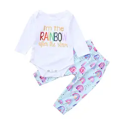 Новое поступление новорожденных малышей для новорожденных девочек с надписью с радужным принтом Комбинезон штаны, комплект одежды