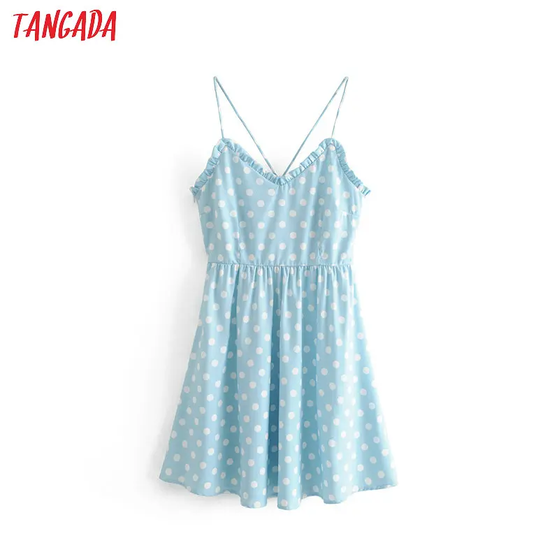 

Tangada women blue dot print summer dress sleeveless V-neck spaghetti strap 2019 vintage fashion ladies pleated mini dress 3H105
