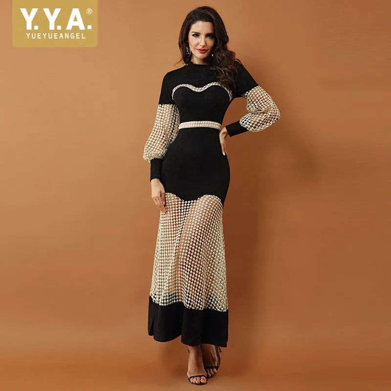 Heavy Work Hollow Out See Through Womens Sexy Mermaid Dresses Long Puff Sleeve High Waist Evening Gown Female Party | Женская одежда