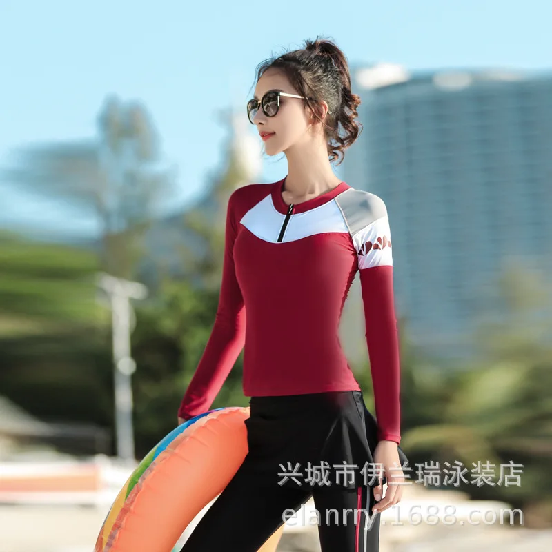Рашгард для женщин и девочек, Рашгард, купальный костюм для серфинга, кайтсерф, плавленый купальный костюм, длинный рукав, купальник, рубашка, пуш-ап, юбка, животное, лен - Цвет: Красный