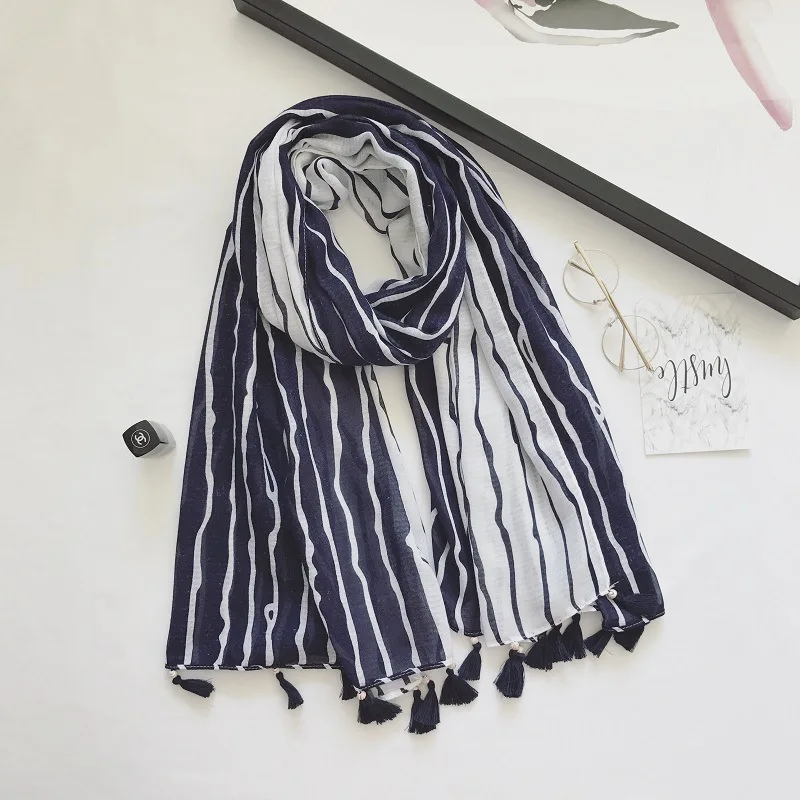

New fashion viscose black and white striped printing bead tassels laday scarf shawl muslim hijabs wraps 10pcs free shipping