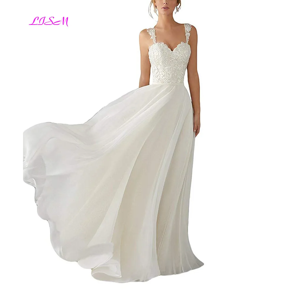 

2019 New A Line Spaghetti Straps Chiffon Wedding Dresses Sweetheart Lace Bridal Gowns Beach Long Wedding Dress abito da sposa