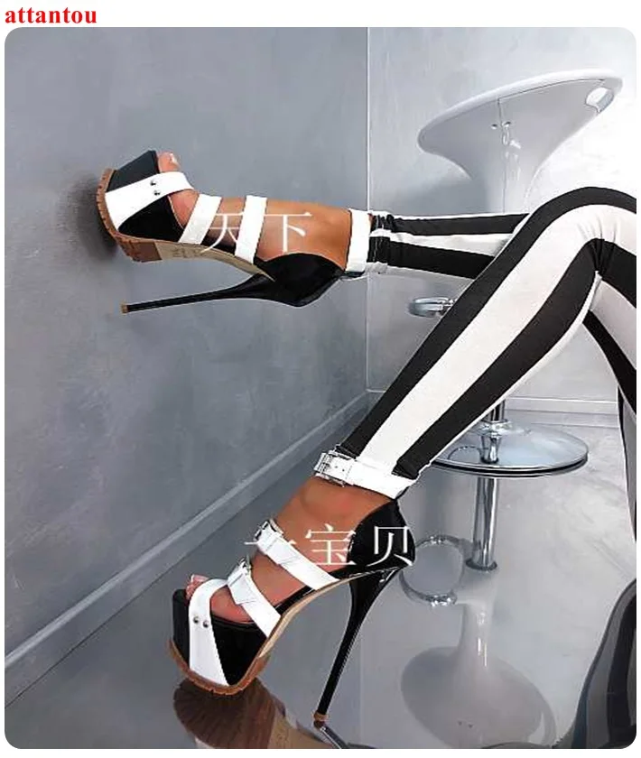 

Summer white black mix color women's sandals high heel platform heel ankle buckle sexy pumps open toe female party dress shoes