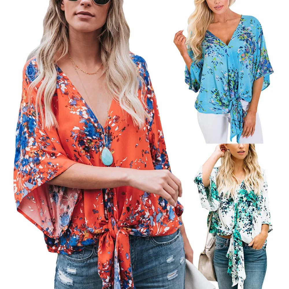 Chiffon Blouse Women Top Floral Printed V Neck For Summer Half Sleeve Loose