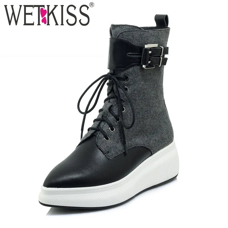 

WETKISS Fashion Casual Platform Women Boots Pointed Toe Cross Tied Footwear Leather Flat With Female Boot Motorcycle Shoes Woman