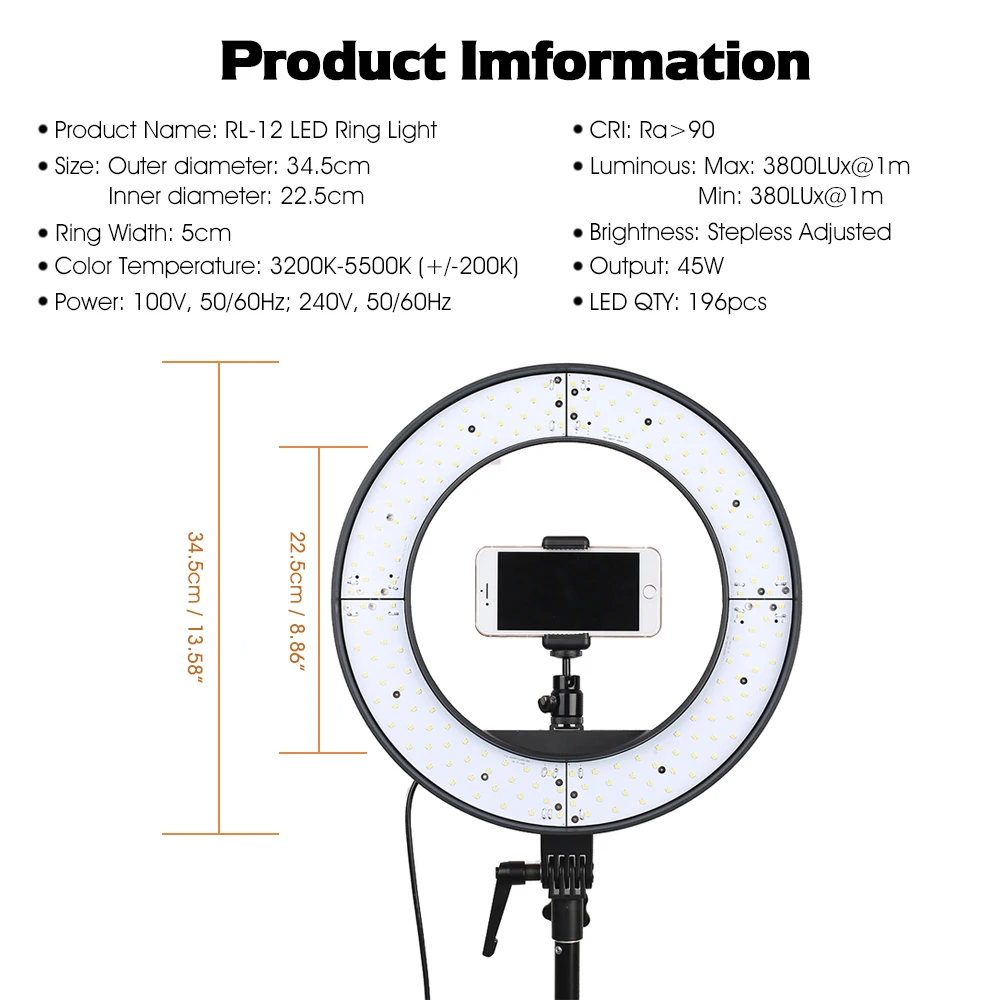 Spash RL-12 светодиодный кольцевой светильник круговой фотографии светильник ing со штативом 5500K CRI90 196 светодиодный s камера фото студия телефон видео Лампа