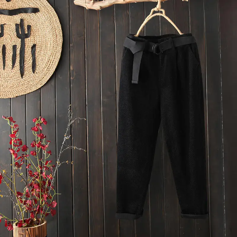 Осень зима вельветовые брюки женские повседневные вельветовые брюки с высокой талией Femme уличная одежда большого размера свободные вельветовые брюки женские Q1728 - Цвет: Black