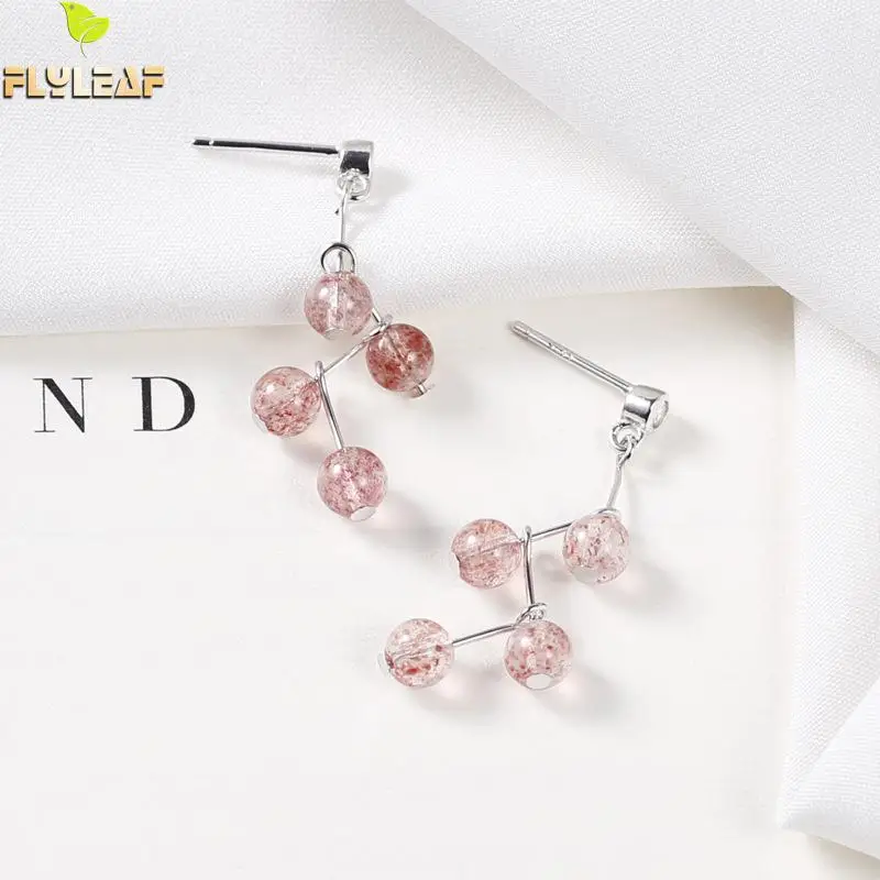 

925 Sterling Silver Earrings For Women Natural Stone Strawberry Crystal Cubic Zirconia Long Drop Simple Fashion Fine Jewelry