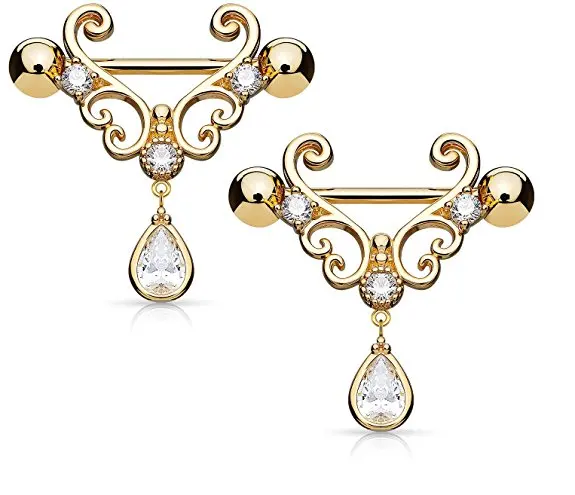 

CZ Set Heart Filigree with Tear Drop CZ Dangle Nipple Bars Barbells Rings - 14G 316L Stainless Steel - Sold as a Pair