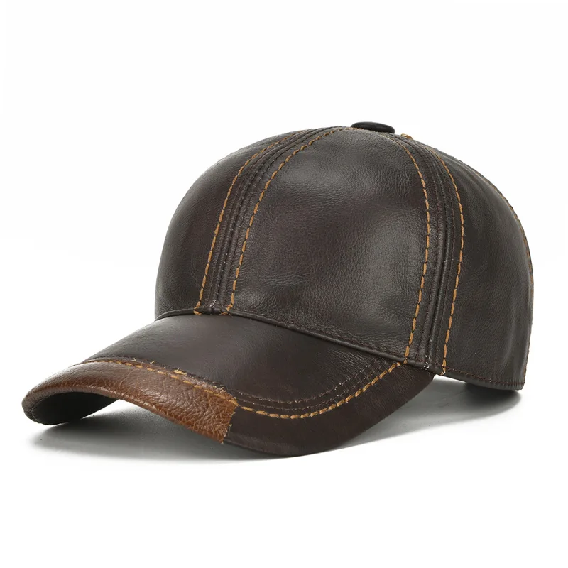 

2017 New Cowhide Leather Baseball Caps Middle age Mens Snapbacks Solid Color Ear Flap Patchwork Dad Cap for Men Hat