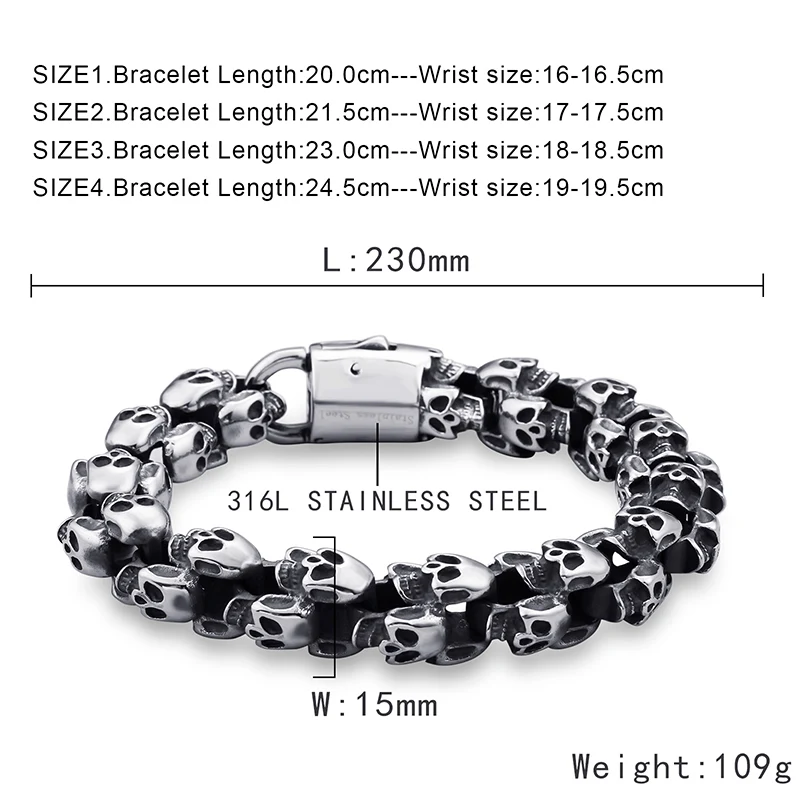 Online Pulseras grandes de acero inoxidable de calaveras brillantes para hombre, pulsera de esqueleto Punk para chico, joyería de moda, el mejor regalo para hombres grandes