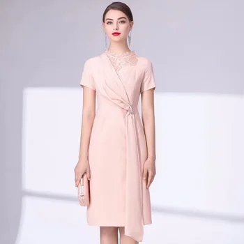 

Elegant Women Dress 2019 Summer Fashion Pink Black Office Lady Sexy Sheer Lace Patchwork Crystal Beading Pencil Dress Work OL