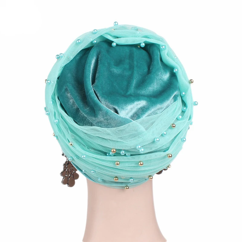 BAIBAZIN New african hat velvet pearl mesh fabric scarf cap long hat wrapped hat Muslim hat
