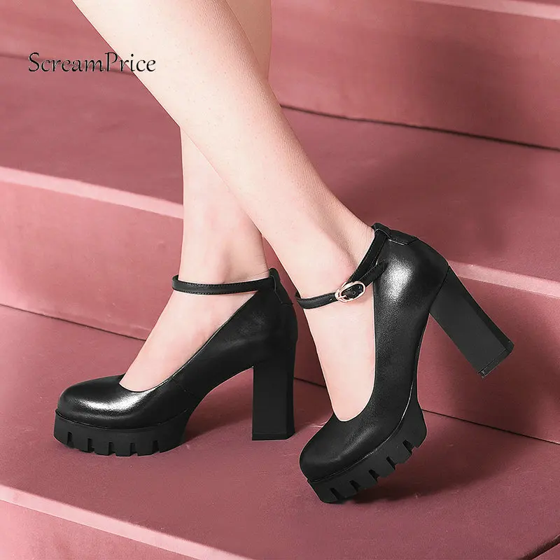 

Platform Square High Heel Genuine Leather Woman Pumps Fashion Buckle Dress Shoes Woman Black