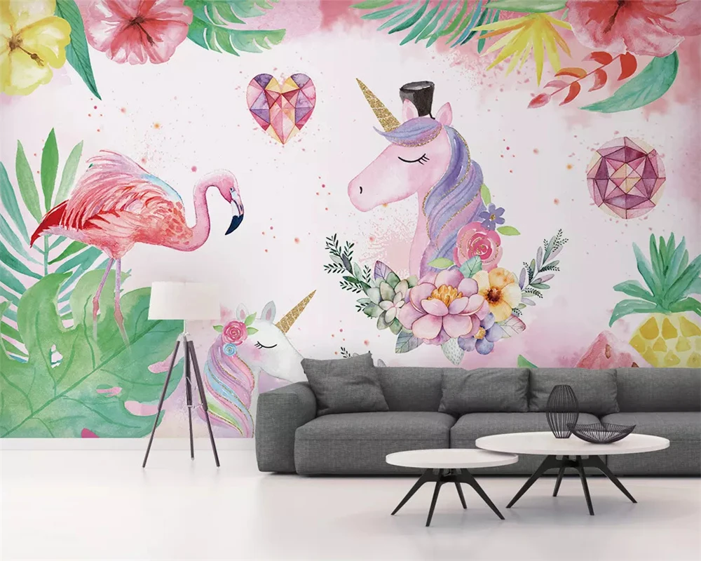 

beibehang Custom fashion wallpaper Nordic simple flamingo unicorn children's room decoration background wall papers home decor