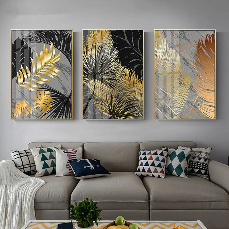 Scandinavian Style Poster Marble Golden Leaf Art Plant Abstract Painting Living Room Decoration Pictures Nordic Decoration Home
