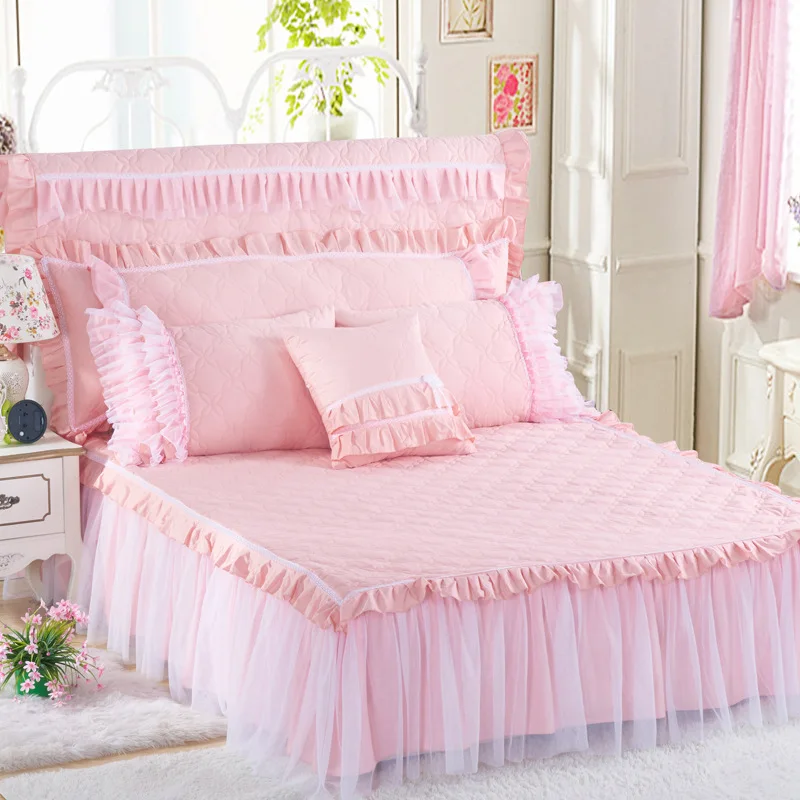 cheap New 100% Cotton Pure Princess Bed Skirt Sets Thick Soft Quilted Lace Bed Skirt Pillowcases Twin Queen King size 3 5 7Pcs