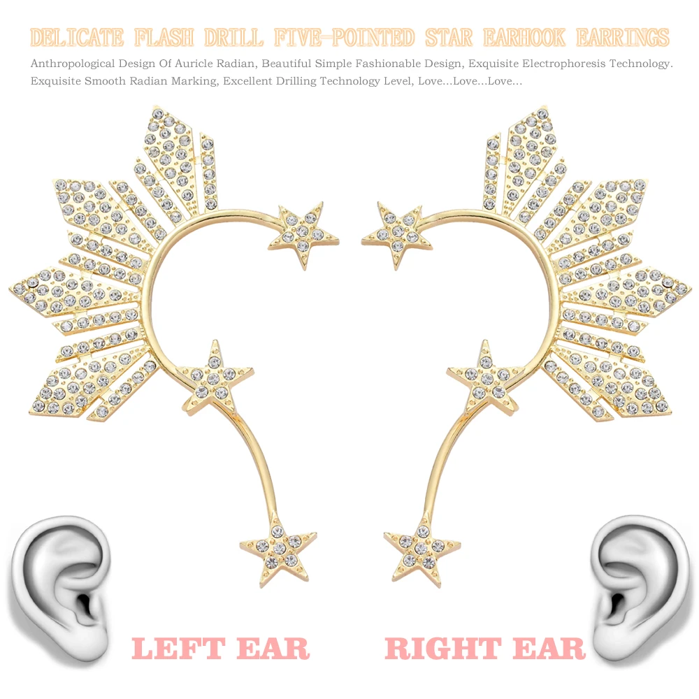 Lovely Golden Star Ear Clip on Earrings for Women Accessories Crystal Rhinestone Stars Big Ear Cuff Earring Fashion Jewelry Gift ear clip earrings clip earrings ear clip ear accessories