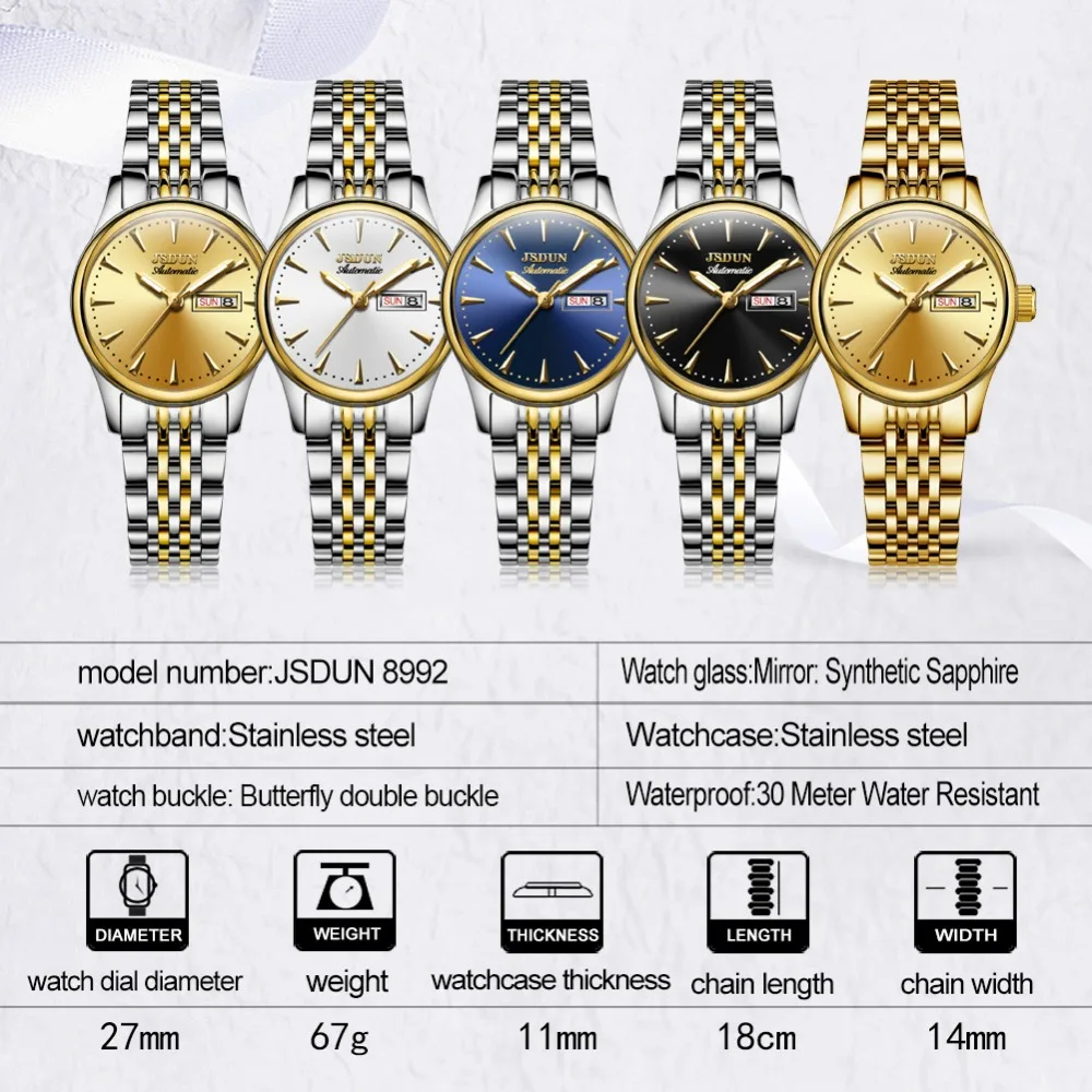 JIN SHI DUN Лидирующий бренд роскошные механические Женские часы водонепроницаемые женские стальные часы Автоматические классические часы Montres Femme