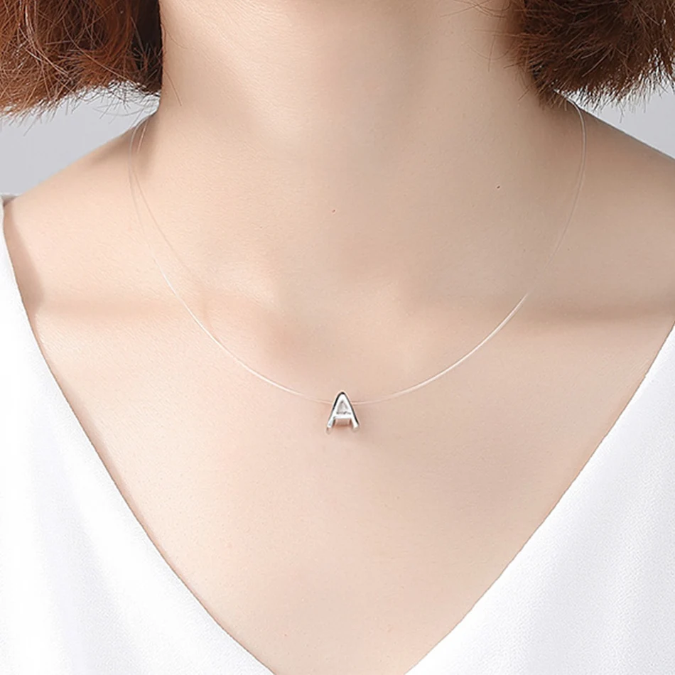 ELESHE New 925 Sterling Silver Letter A Necklace& Pendant Transparent Invisible Chain Necklaces for Women Jewelry Alfabet Gift