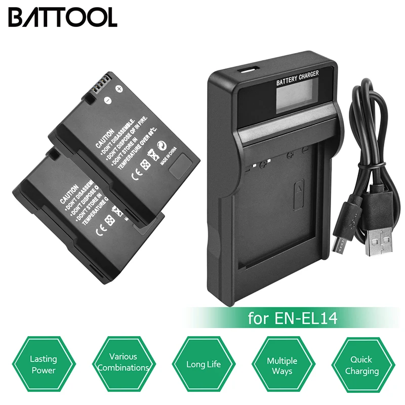 

BATTOOL 2pcs EN-EL14 EN EL14 Rechargeable Battery Bateria + LCD USB Charger for Nikon D3100 D3200 D3300 D5100 D5200