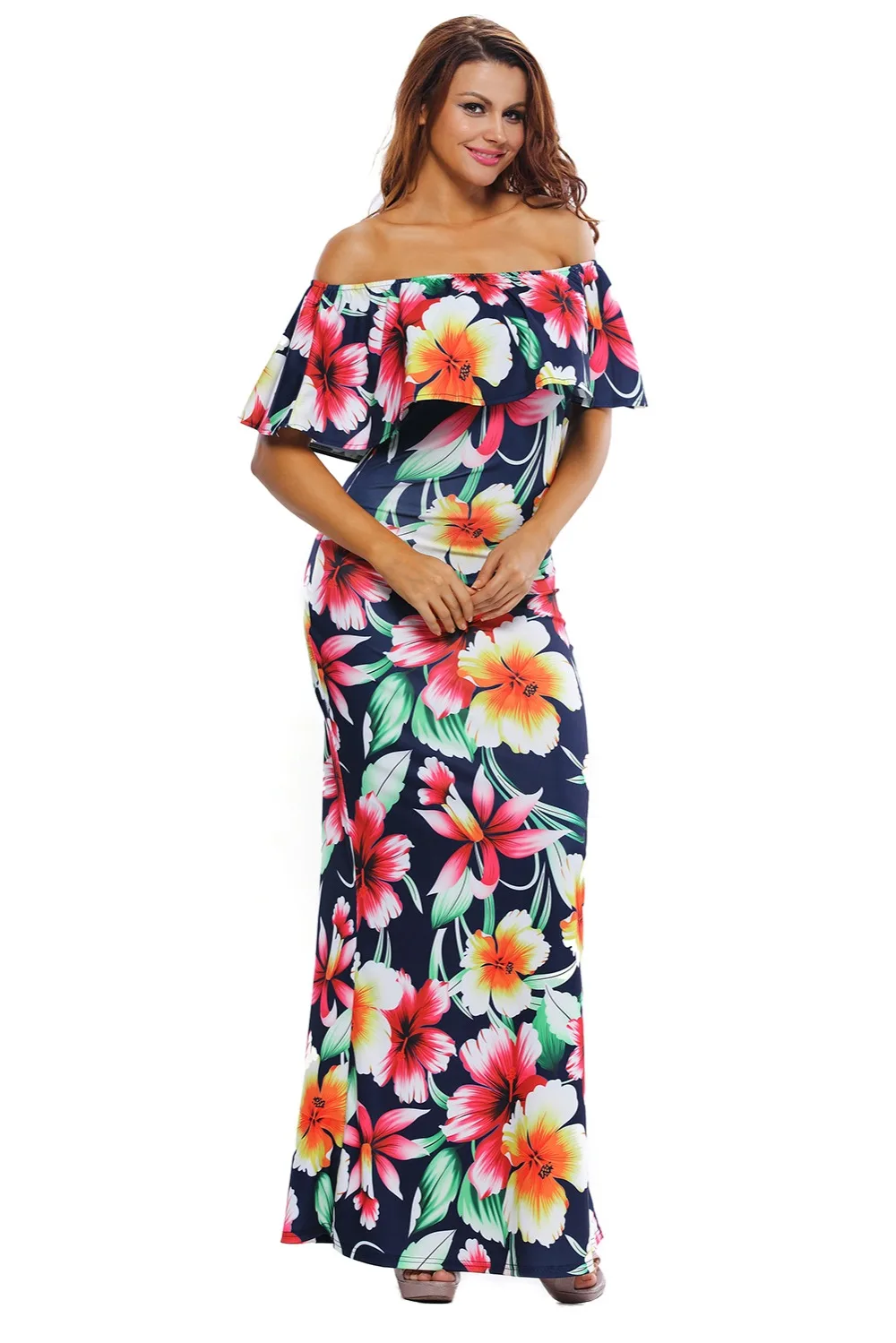 Navy-Blue-Roses-Print-Off-the-shoulder-Maxi-Dress-LC61189-5-3