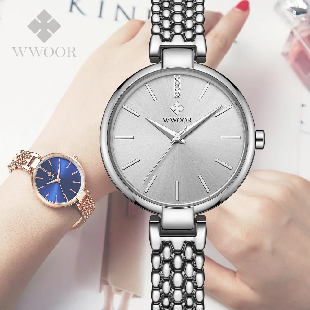 WWOOR женские часы, брендовые роскошные женские ультра-тонкие часы, ремешок из нержавеющей стали, водонепроницаемые часы, кварцевые часы, Reloj Mujer, коробка