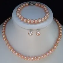 Virgin очень шикарный тренд женский подлинный 7-8 мм ожерелье из розового жемчуга браслет серьги наборы