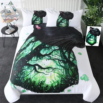 

Pantteri by Scandy Girl Bedding Set Black Leopard Comforter Cover Wild Animal Bedspread Watercolor Green Tree Juego De Cama