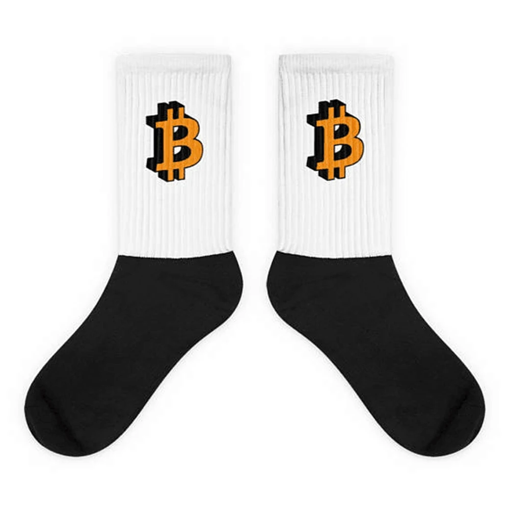 MISS M 1 пара, забавные носки с принтом биткоина, чулочно-носочные изделия из смешанного хлопка, носки для женщин и мужчин, повседневные, необычные, сшитые, цвета: черный, белый