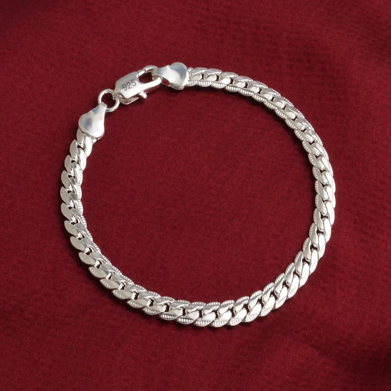 

925 jewelry silver plated Bracelet Fine Fashion 5MM Sideways Flat Silver Jewelry Bracelet Bangle chain 20CM Top Quality
