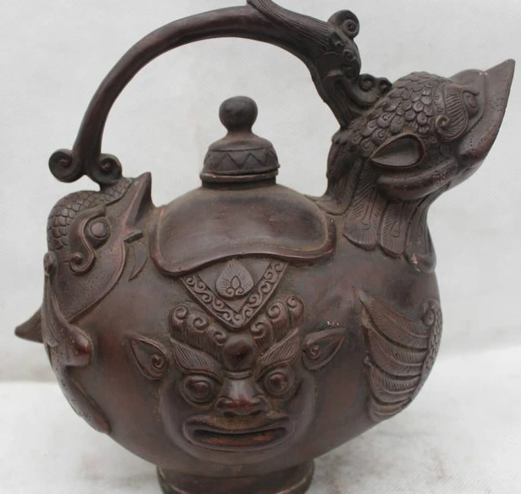 

8"China Chinese Folk Bronze Lucky eagle head animal kettle water jug Statue