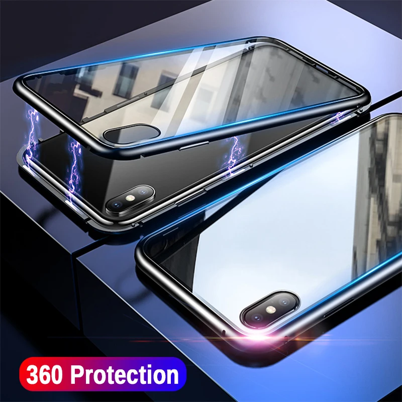 Металлический бампер флип чехол для iphone X закаленное стекло полное покрытие 360