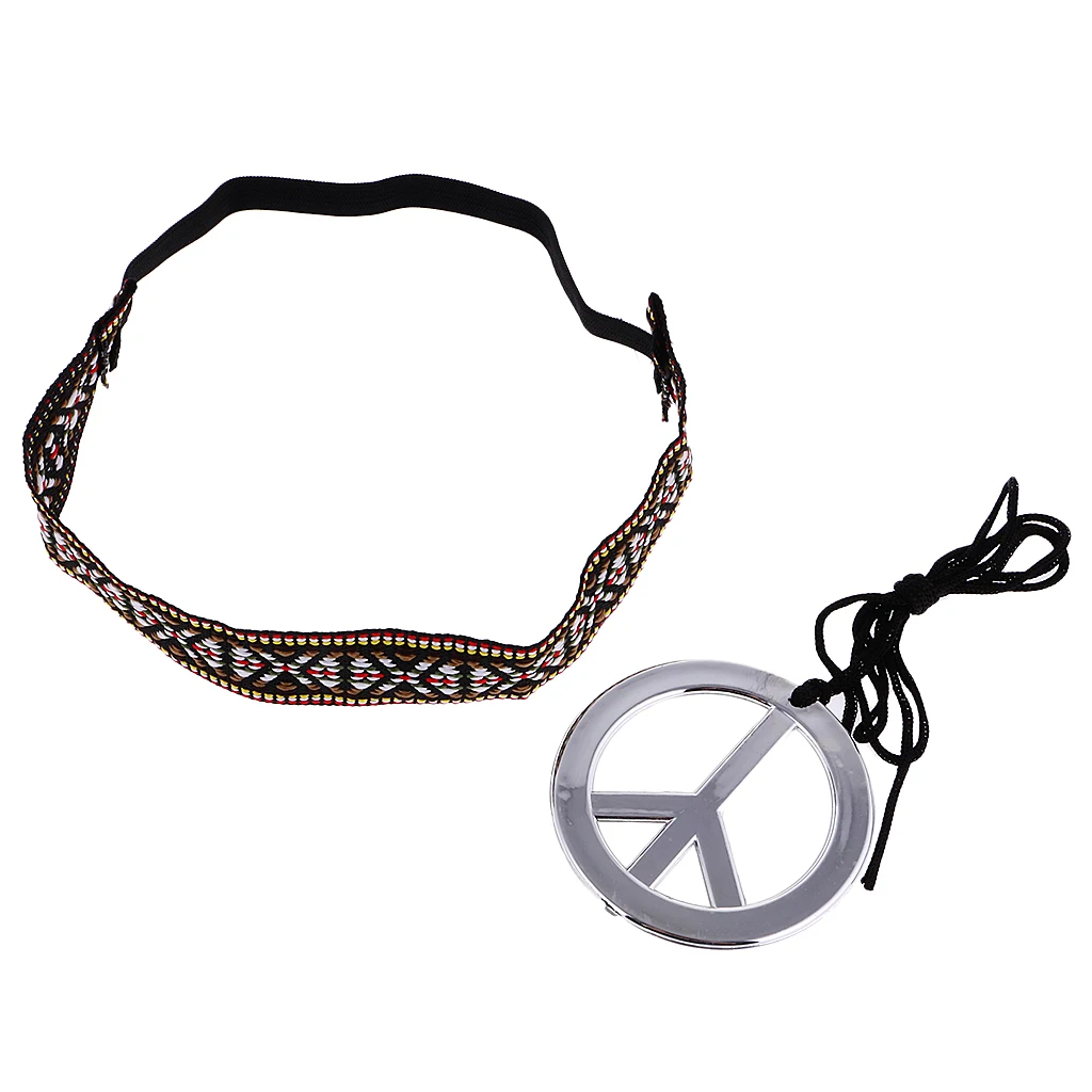 Phenovo Unisex Peace Symbol Pendant Necklace with Headband Set Costume Jewelry Accessories for women and men