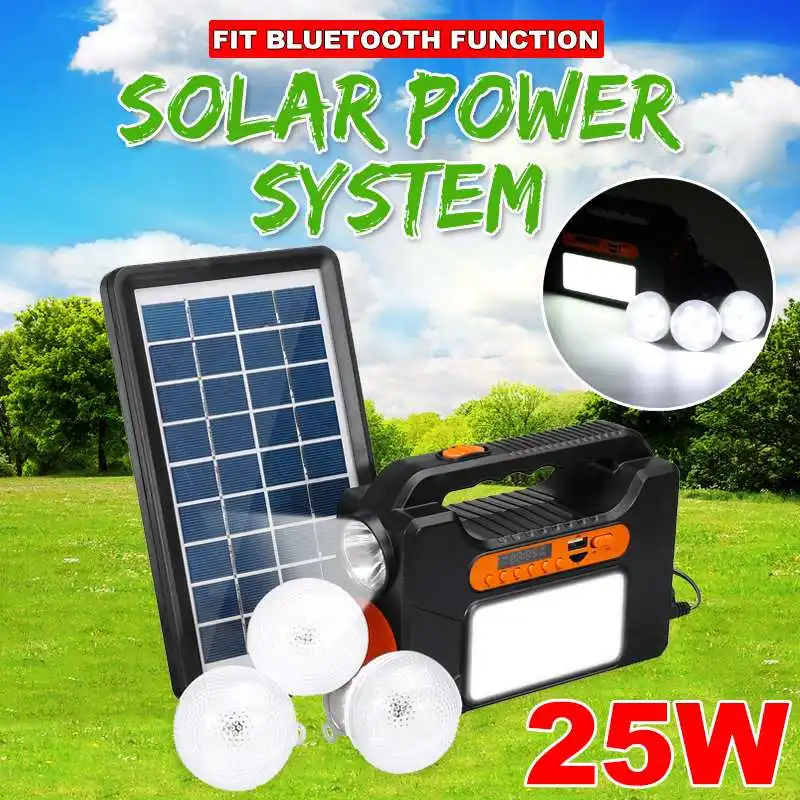 

25W Emergency Solar Panel Power Generator + 3 LED Bulbs +USB Card bluetooth Radio Lighting System Solar Powered System Generator