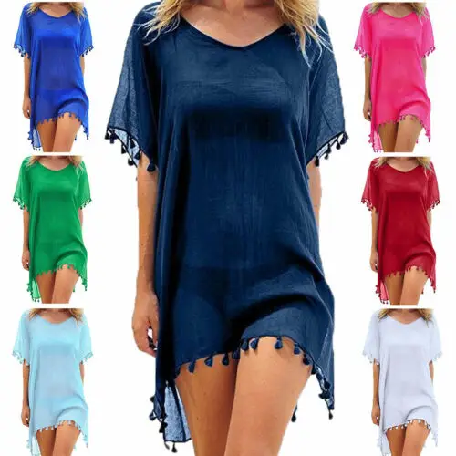 New Women Beachwear Swimwear Tassel Bikini Cover Up Summer Kaftan Beach Dress Bathing Suits Summer Mini Dress Loose Solid Pareo