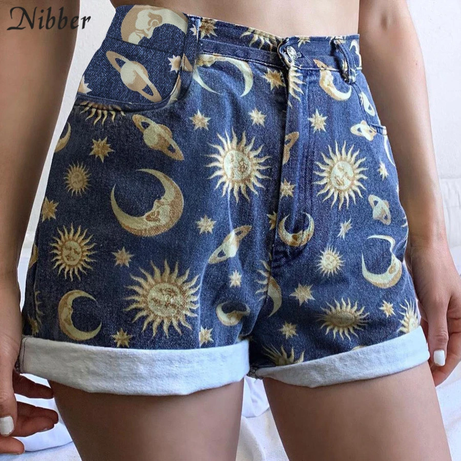 

Nibber fashion printing blue bodycon Denim shorts womens2019 hot summer beach Casual vacation high Street wear mini shorts mujer