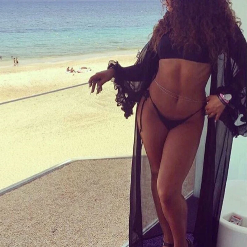 

Summer Swimwear Women Chiffon Long Beach Dress Ruffles Sleeve Chiffon Cardigan Kaftan Bikini Cover Up