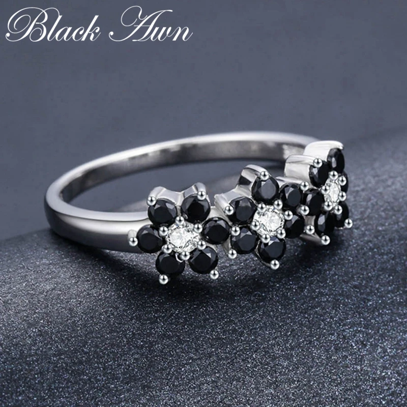 Silver Rings Silver Ring Wedding Rings Jewelry Flower Bague Black Spinel For Women Girl Party Gift