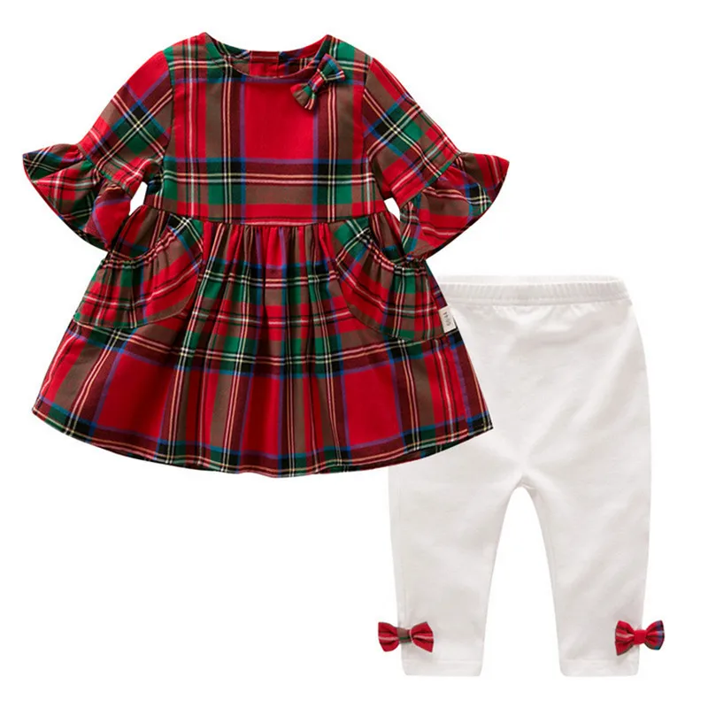 

Spring and Summer Children's Clothing Flare Sleeve Plaid Dress Bow Tie Shirt Pants 2pcs Baby Cotton Outfit Christmas Clothes Set