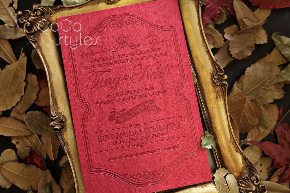  Cocostyles bespoke luxury blind letterpress leather invitation card with envelope for vintage style - 32860404721
