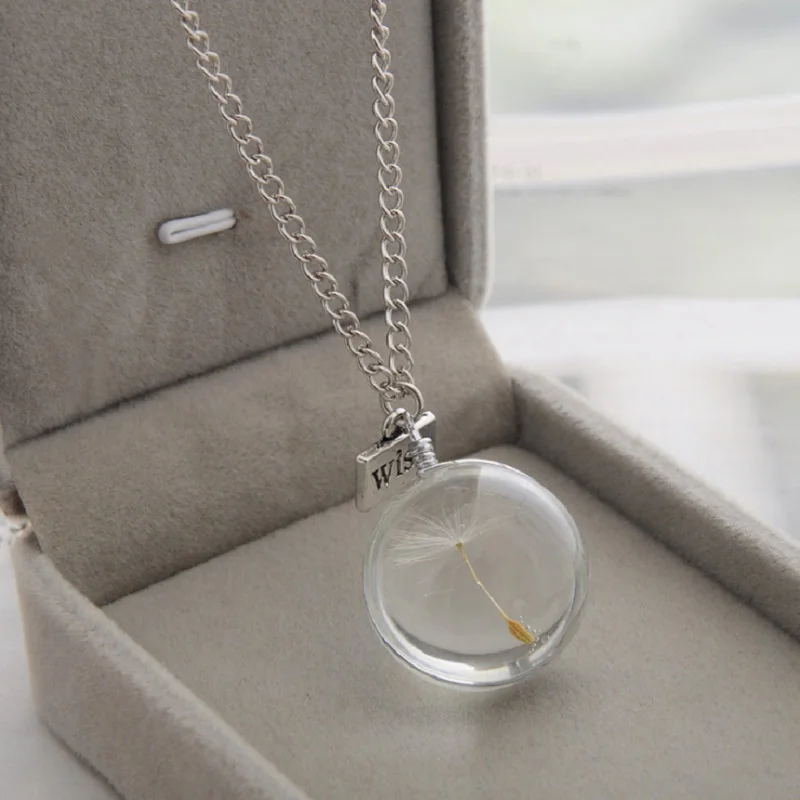 

Fashion Wish Real Dandelion Crystal Necklace Glass Round Silver Chain Choker Pendants Necklace For Women Chain Choker Jewelry