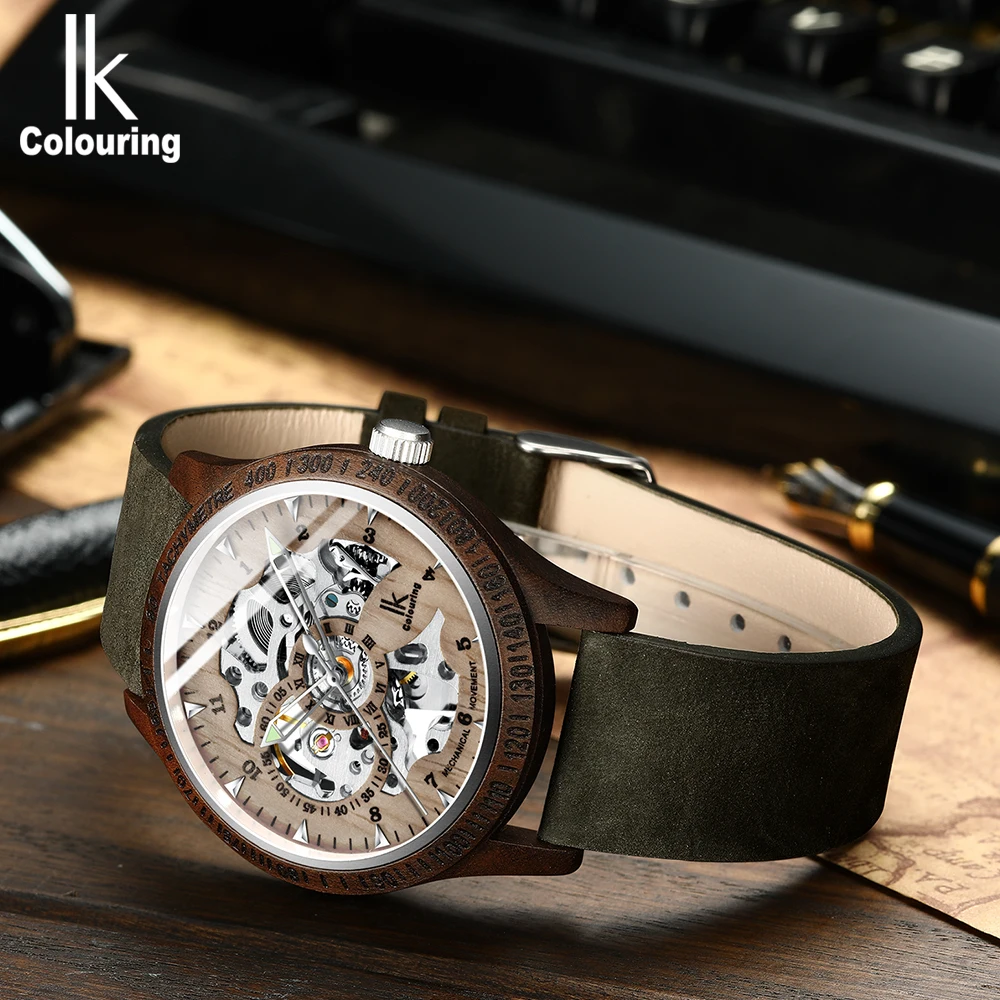 IK Colouring Men Watch Vintage Wood Case Suede Leather Bracelet Automatic Mechanical Skeleton Steampunk Wooden Male Wristwatch